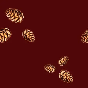 Seamless pattern of small pine cones isolated on dark red background Stock Photos