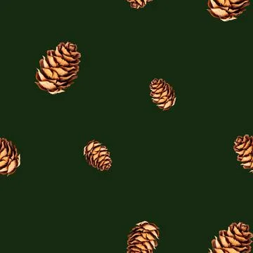 Seamless pattern of small pine cones isolated on dark green background Foto stock