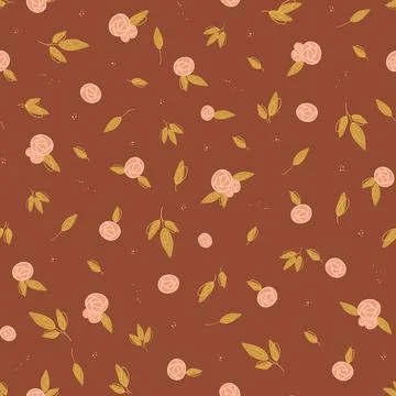 Seamless pattern with small simple flowers, peonies, roses, and leaves on brown Stock Illustration