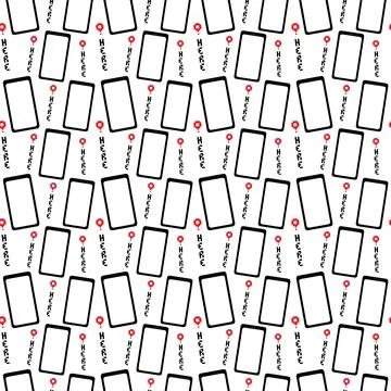 Seamless pattern of small smartphones with red location pins and Here lettering Stock Illustration