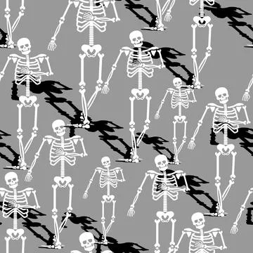 Seamless pattern with small, stylized black skeleton figures walking or mar.. Illustrazione stock