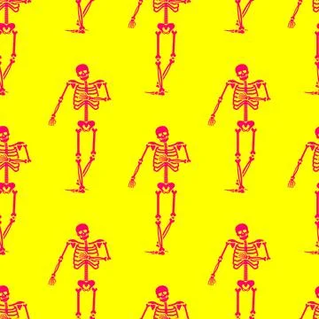 Seamless pattern with small, stylized skeleton figures walking or marching .. Illustrazione stock