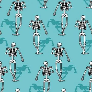 Seamless pattern with small, stylized skeleton figures walking or marching .. Stock Illustration