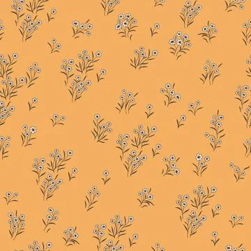 Seamless pattern with small, tiny wildflowers on an orange background. Stock Illustration