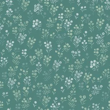 Seamless pattern with small, tiny wildflowers on a light green background. Stock Illustration
