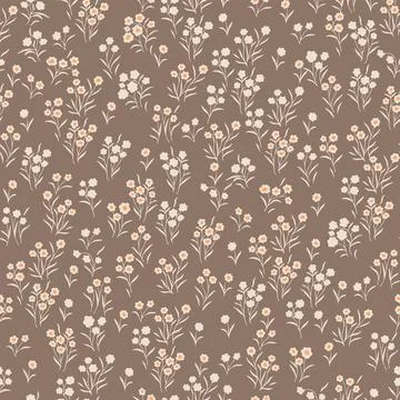 Seamless pattern with small, tiny wildflowers on a light brown background. Stock Illustration