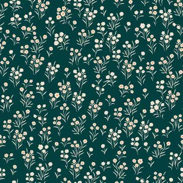 Seamless pattern with small, tiny wildflowers on a green background. Stock Illustration