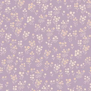 Seamless pattern with small, tiny wildflowers on a light purple background. Stock Illustration