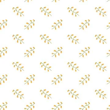 Seamless pattern of small yellow flowers with green stems on white background Stock Illustration