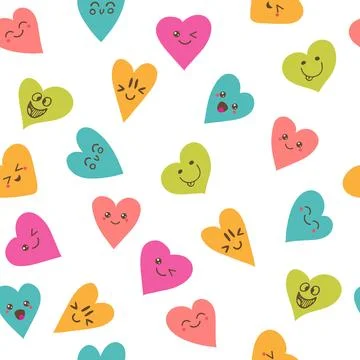 Seamless pattern with smiley hearts. Cute cartoon characters Stock Illustration