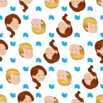 Seamless pattern with smiling boy and girl. Children cute chirping on various Illustrazione stock