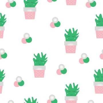 Seamless pattern with smiling cactus flowers in pink and green colors Stock Illustration