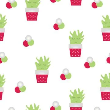 Seamless pattern with smiling cactus flowers vector - red and green colors Stock Illustration