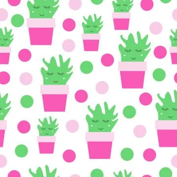 Seamless pattern with smiling cactus vector and polka dots Stock Illustration