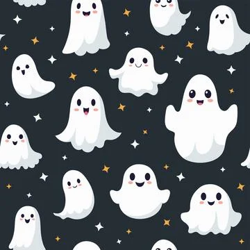 Seamless pattern with smiling ghosts for Halloween. Vector flat style illus.. Illustrazione stock
