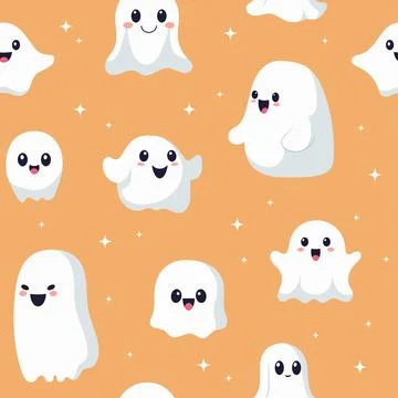 Seamless pattern with smiling ghosts for Halloween. Vector flat style illus.. Illustrazione stock
