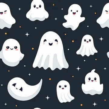 Seamless pattern with smiling ghosts for Halloween. Vector flat style illus.. Illustrazione stock