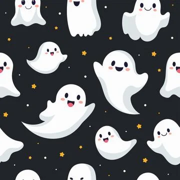 Seamless pattern with smiling ghosts for Halloween. Vector flat style illus.. Illustrazione stock