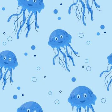 Seamless pattern with smiling jellyfish, cartoon Stock Illustration