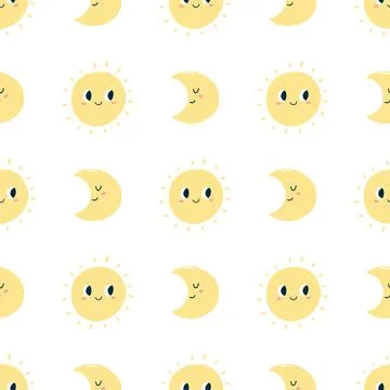 Seamless pattern with smiling kawaii moon and sun. Vector hand drawn texture  Illustrazione stock