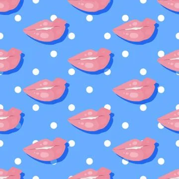 Seamless Pattern Smiling Lips Teeth on Polka Dot Stock Illustration