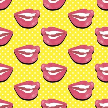 Seamless Pattern Smiling Lips Teeth on Polka Dot Illustrazione stock