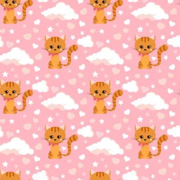 Seamless pattern with smiling little ginger striped cat with pink bow on its  Stock Illustration