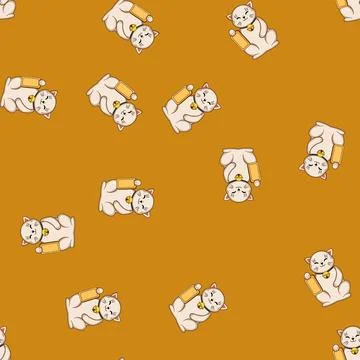 Seamless pattern Smiling lucky cat holding gold coin bringing fortune Stock Illustration