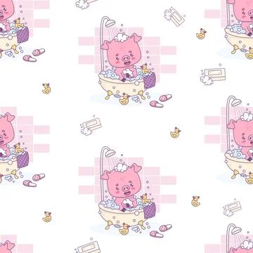 Seamless pattern with smiling pig takes bath with foam and rubber duck on w.. Stock Illustration