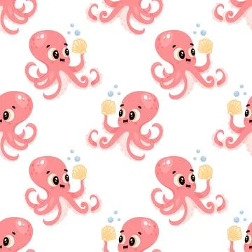 Seamless pattern of smiling pink cartoon octopus holding shell イラスト素材