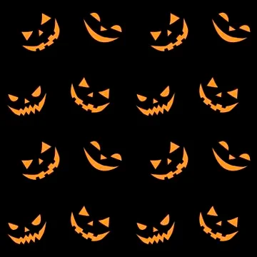 Seamless pattern of smiling scary faces in flat style. Halloween's vector bac Stock-Illustration