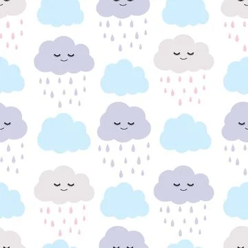 Seamless pattern with smiling, sleeping raining clouds vector illustration 스톡 일러스트