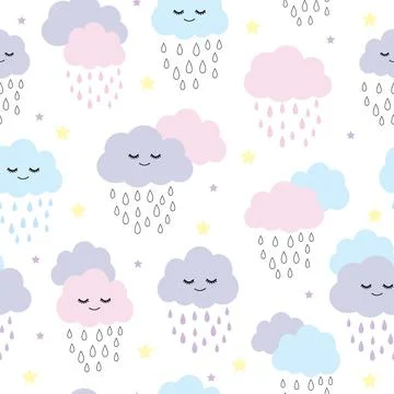 Seamless pattern with smiling, sleeping raining clouds vector illustration Stockillustratie