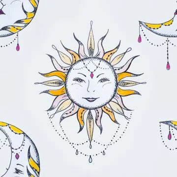 Seamless pattern of smiling sun and moon on a white background. Stock Illustration