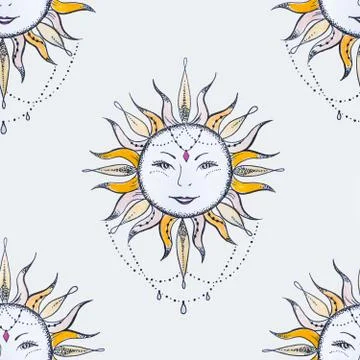 Seamless pattern of a smiling sun on a white background. Stock Illustration