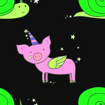 Seamless pattern. Snail and pig with wings and horn. Cute cartoon character.  イラスト素材