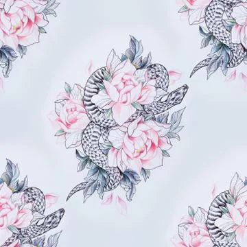 Seamless pattern of a snake in red flowers on a white background. Stock Illustration