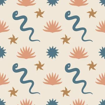 Seamless pattern snake sun starfish tropical plant. Mystical boho background イラスト素材