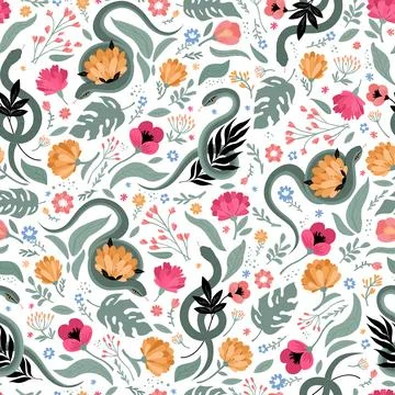 Seamless pattern of snakes and flowers. Simple cute background illustration Illustrazione stock