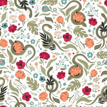 Seamless pattern of snakes and flowers. Simple cute background illustration Stock Illustration