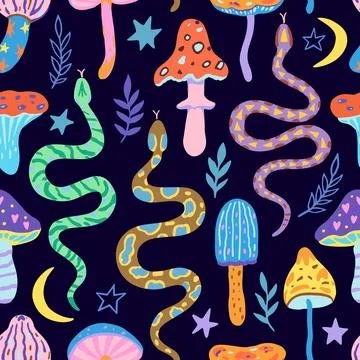Seamless pattern with snakes and magic mushrooms. Vector illustration in si.. 스톡 일러스트