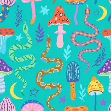Seamless pattern with snakes and magic mushrooms. Vector illustration in si.. イラスト素材