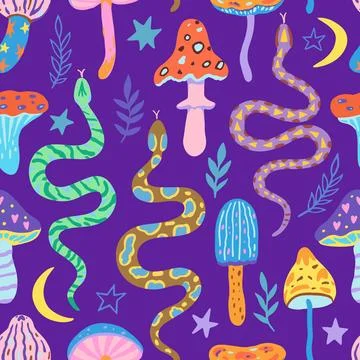 Seamless pattern with snakes and magic mushrooms. Vector illustration in si.. 스톡 일러스트