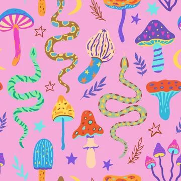 Seamless pattern with snakes and magic mushrooms. Vector illustration in si.. Stock Illustration