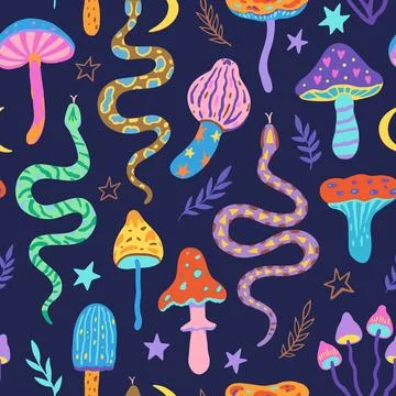 Seamless pattern with snakes and magic mushrooms. Vector illustration in si.. Stock Illustration