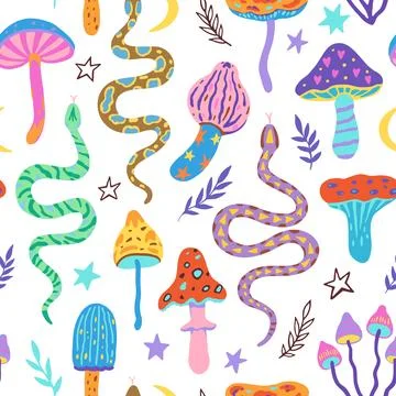 Seamless pattern with snakes and magic mushrooms. Vector illustration in si.. 库存插图