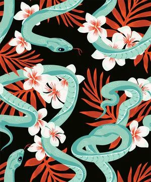Seamless pattern with snakes and plants. Color wallpaper on a tropical theme  Stock Illustration