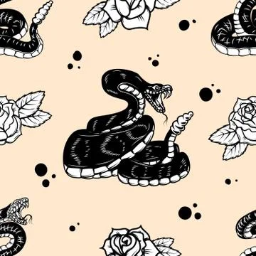 Seamless pattern with snakes and roses. Design element for poster, card, bann 스톡 일러스트