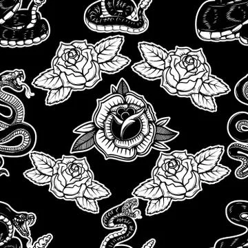 Seamless pattern with snakes and roses. Design element for poster, card, bann イラスト素材