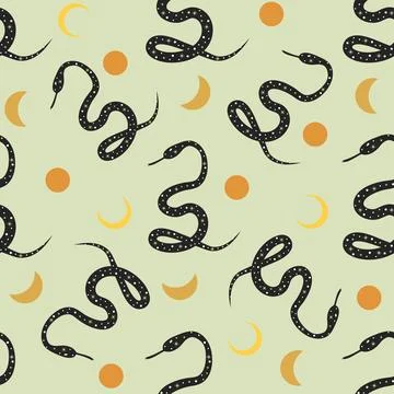 Seamless pattern with snakes, moon and stars. Stock Illustration